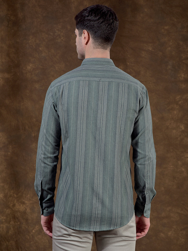 cobb olive striped slim-fit casual shirt