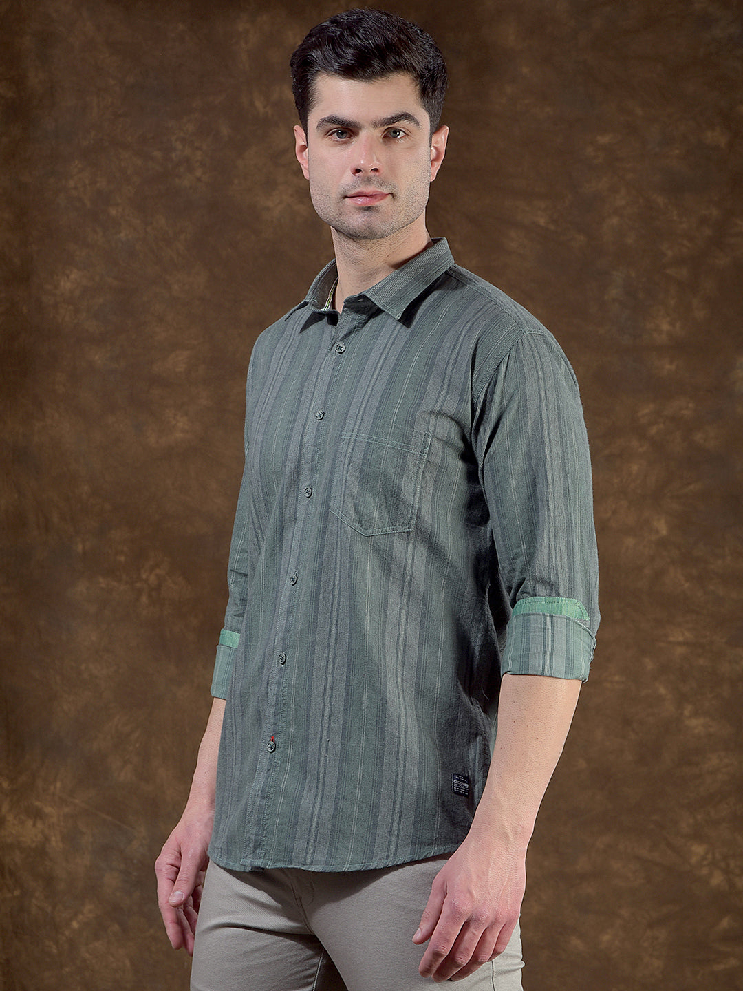 cobb olive striped slim-fit casual shirt