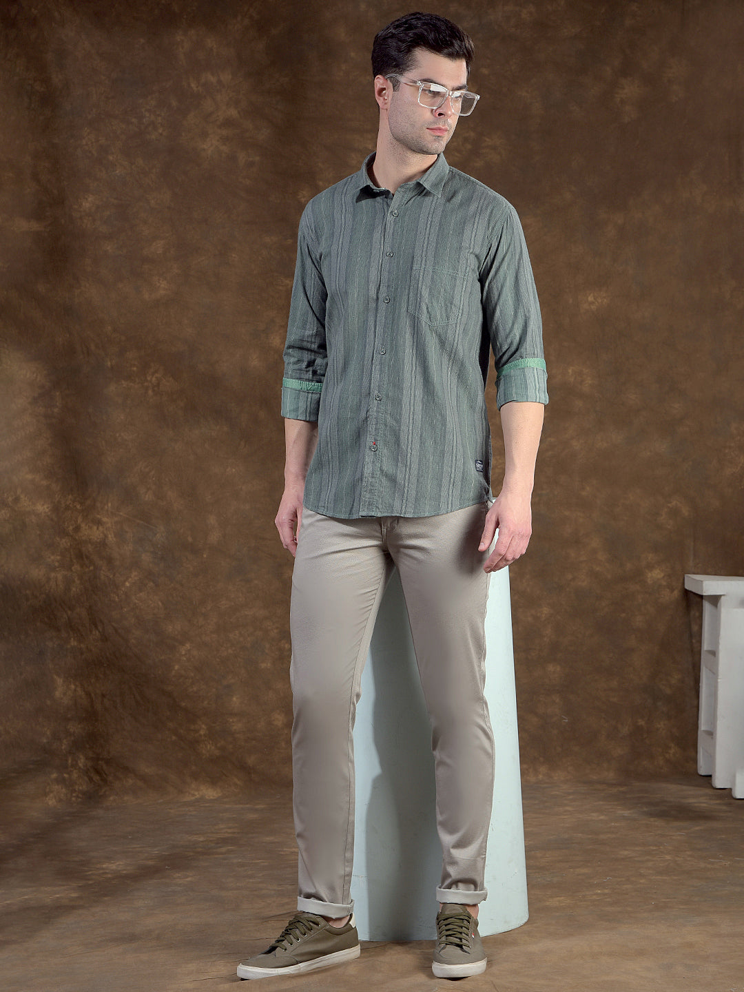 COBB OLIVE STRIPED SLIM-FIT CASUAL SHIRT