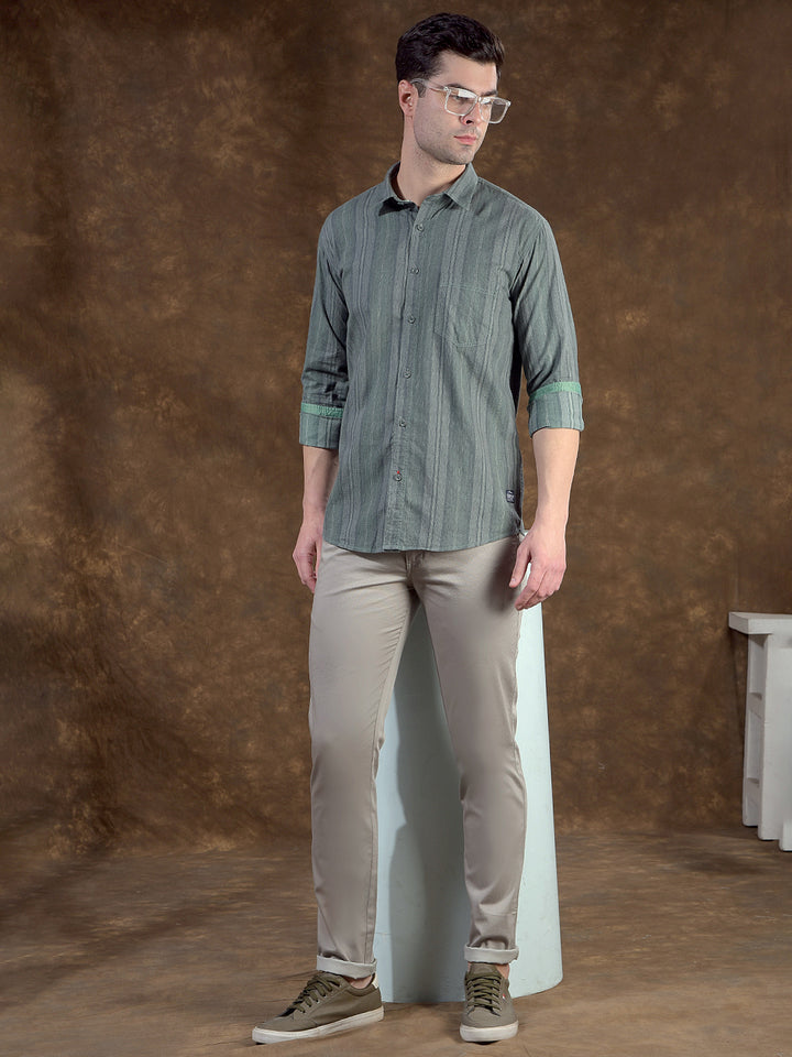 COBB OLIVE STRIPED SLIM-FIT CASUAL SHIRT