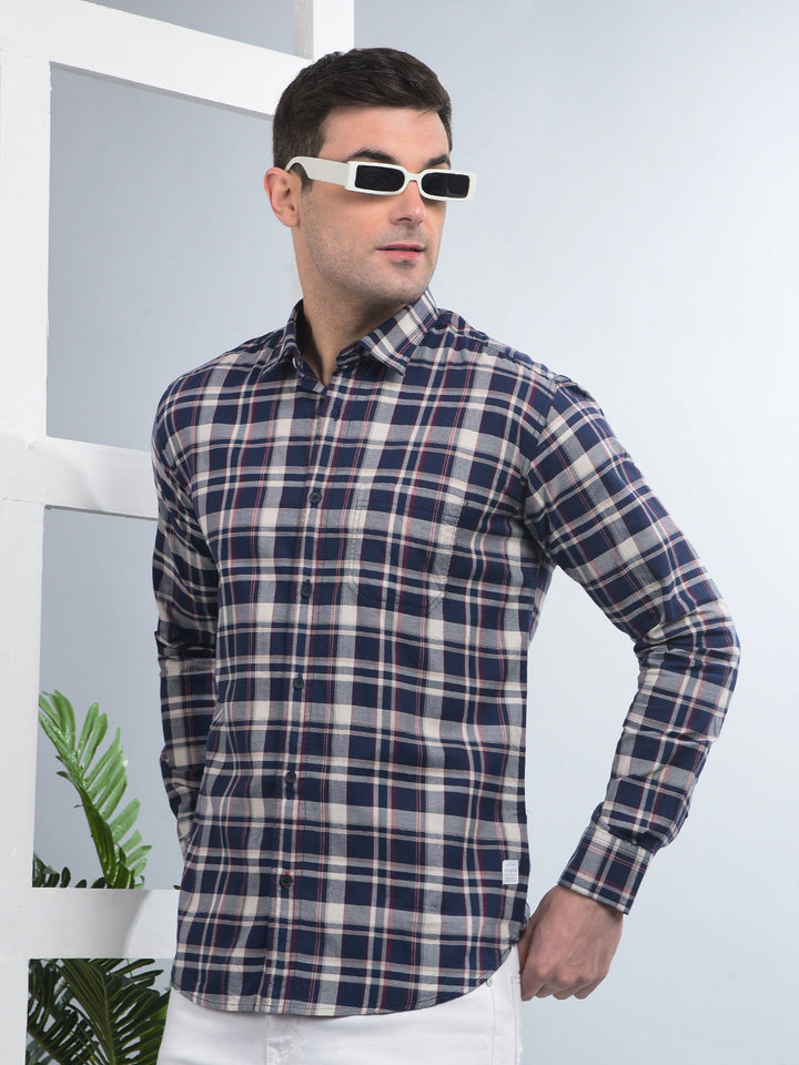 cobb navy blue checked slim-fit casual shirt