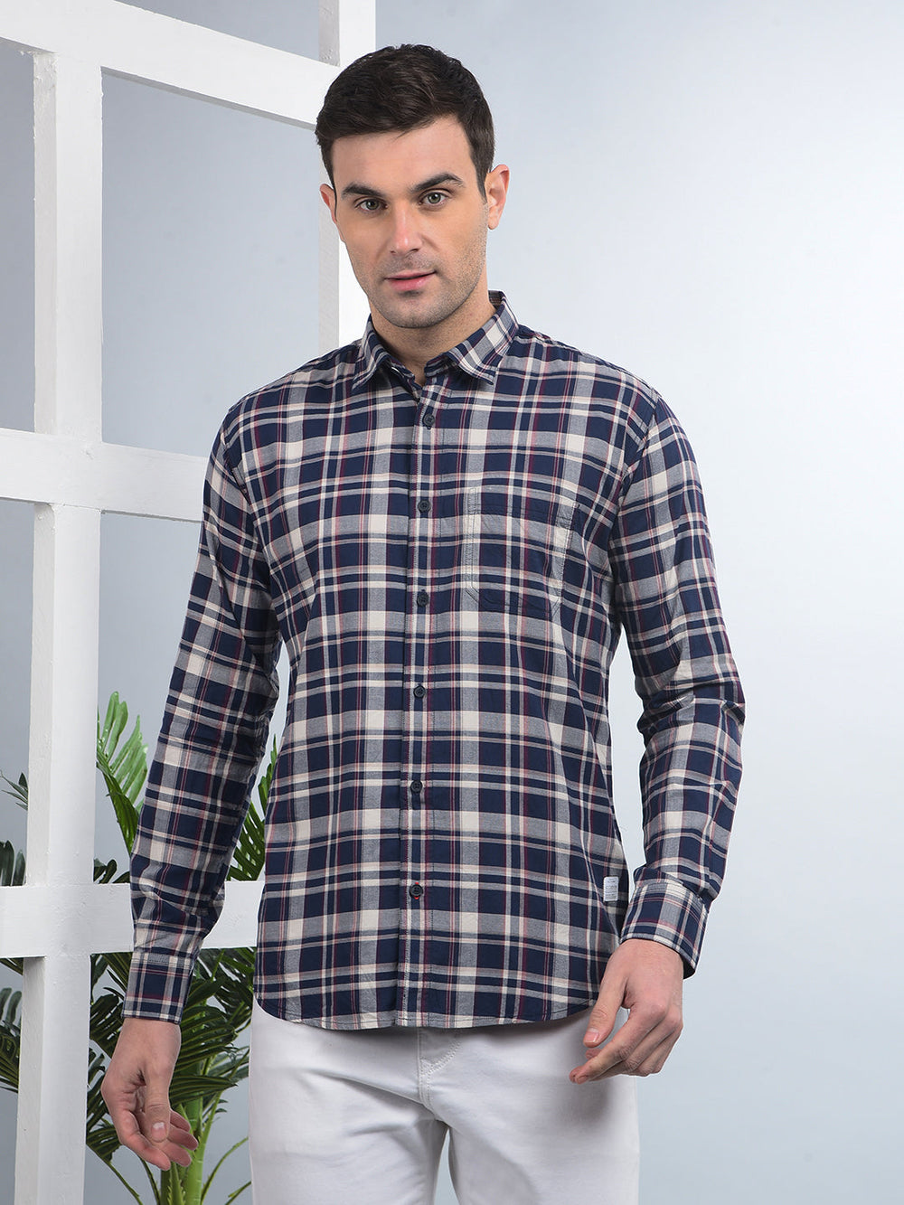 cobb navy blue checked slim-fit casual shirt