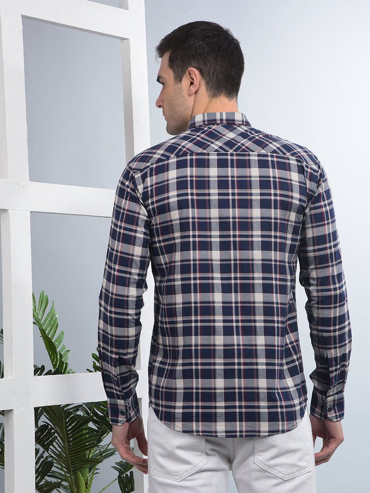 cobb navy blue checked slim-fit casual shirt