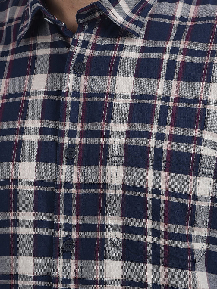 cobb navy blue checked slim-fit casual shirt