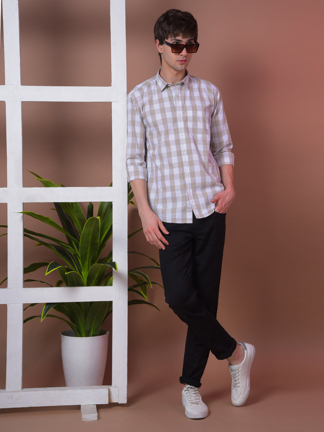 COBB BEIGE CHECKED SLIM-FIT CASUAL SHIRT
