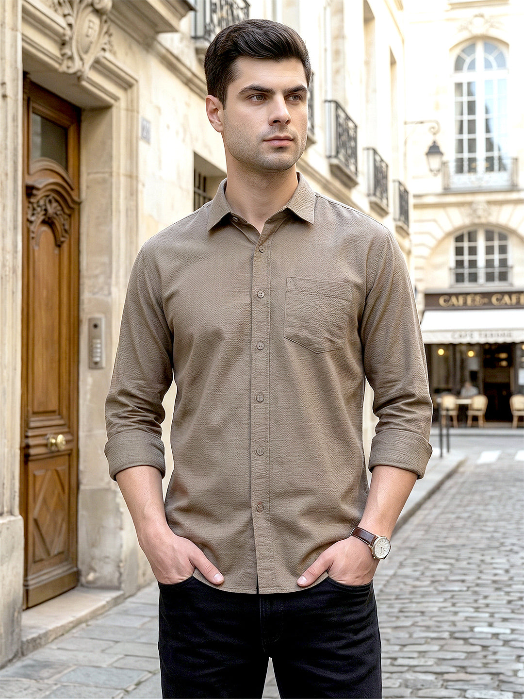 cobb dark olive solid slim-fit casual shirt