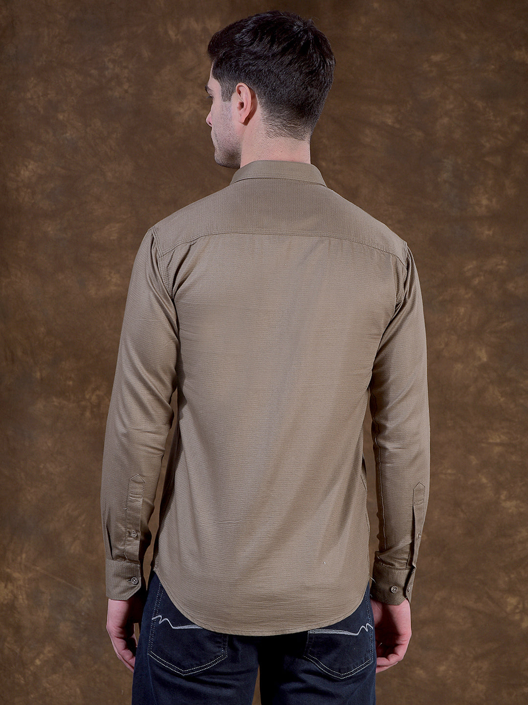 cobb dark olive solid slim-fit casual shirt