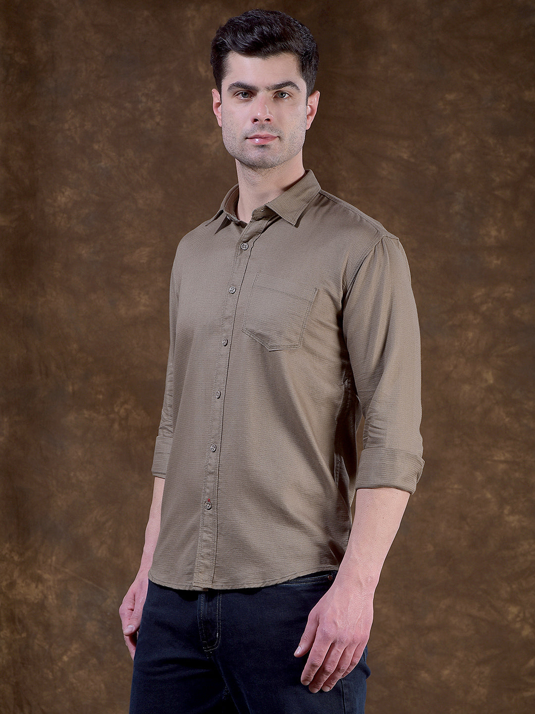 cobb dark olive solid slim-fit casual shirt