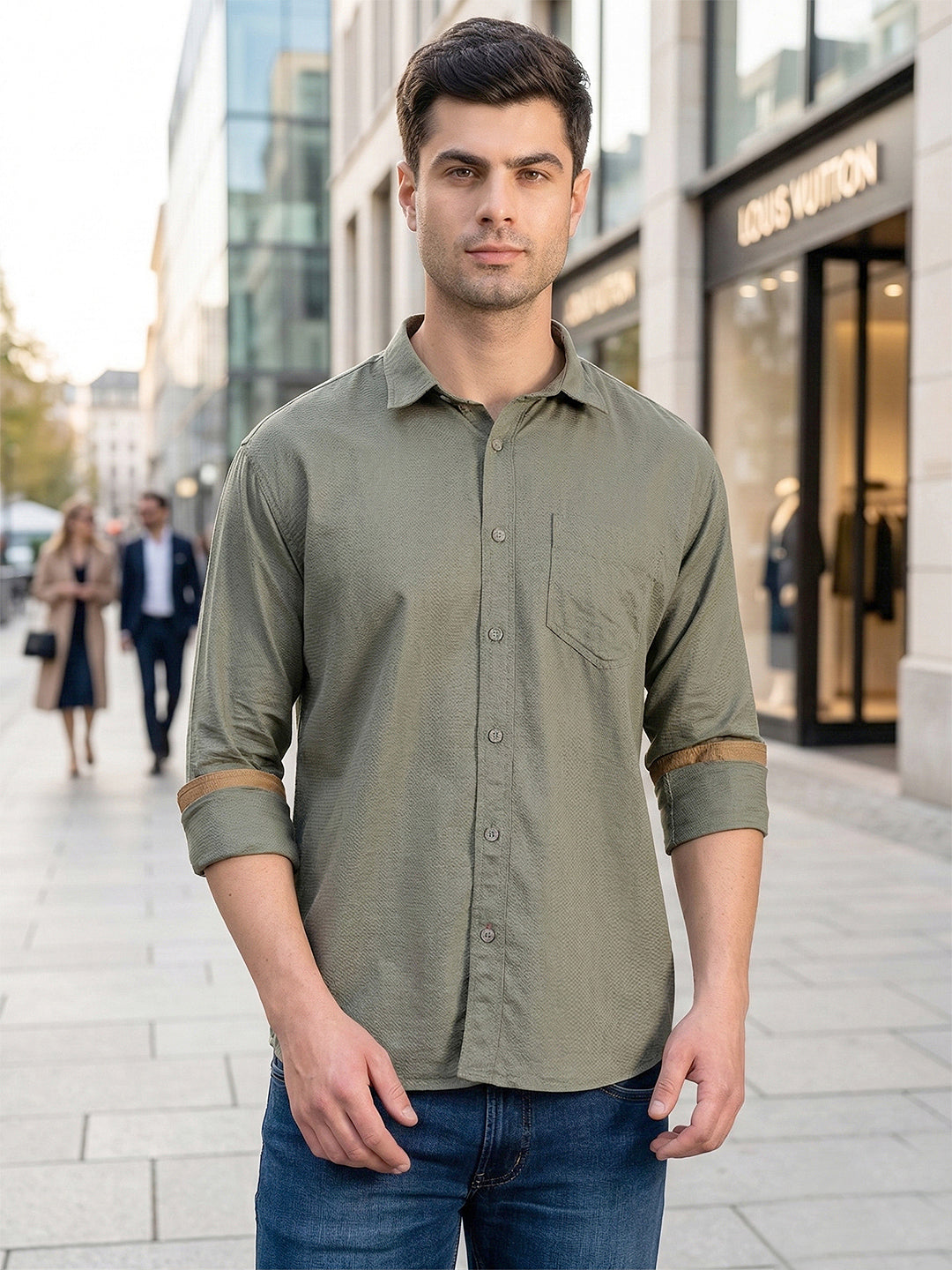 cobb green solid slim-fit casual shirt