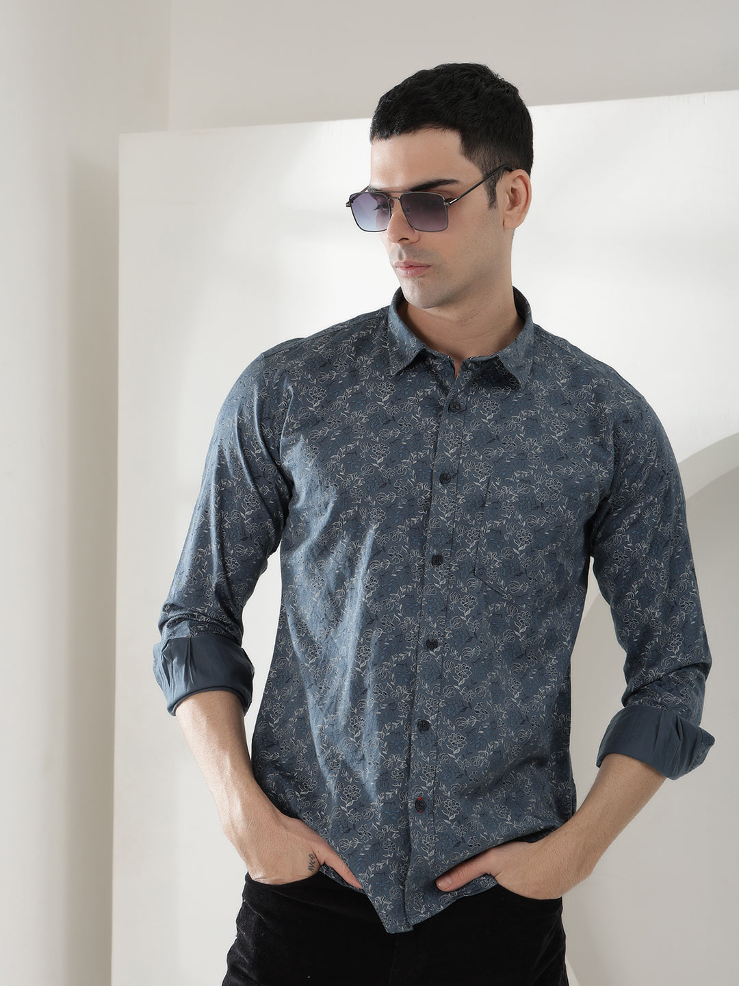 cobb largo teal blue printed slim-fit casual shirt