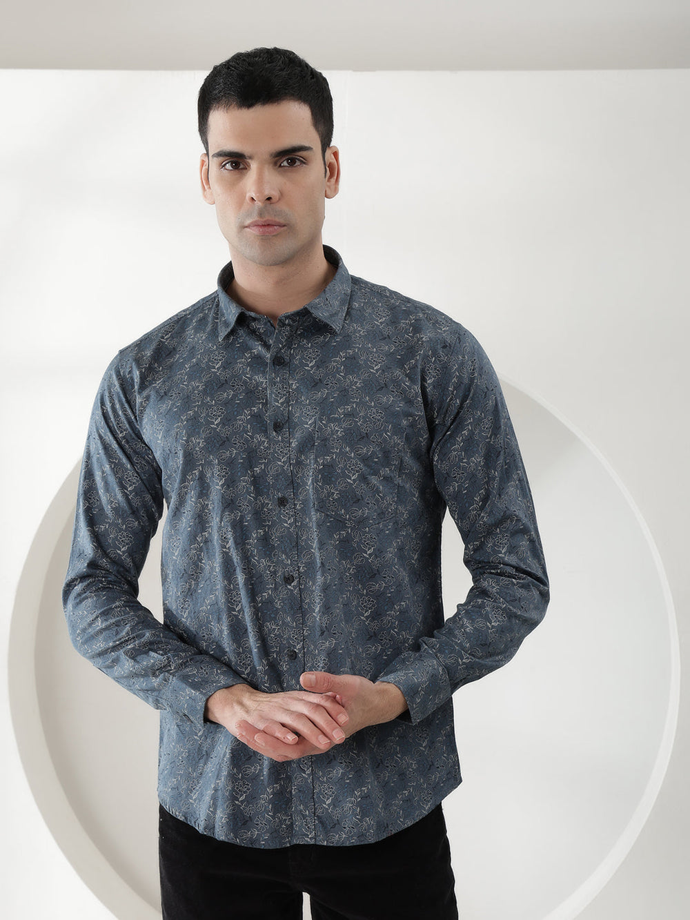 cobb largo teal blue printed slim-fit casual shirt