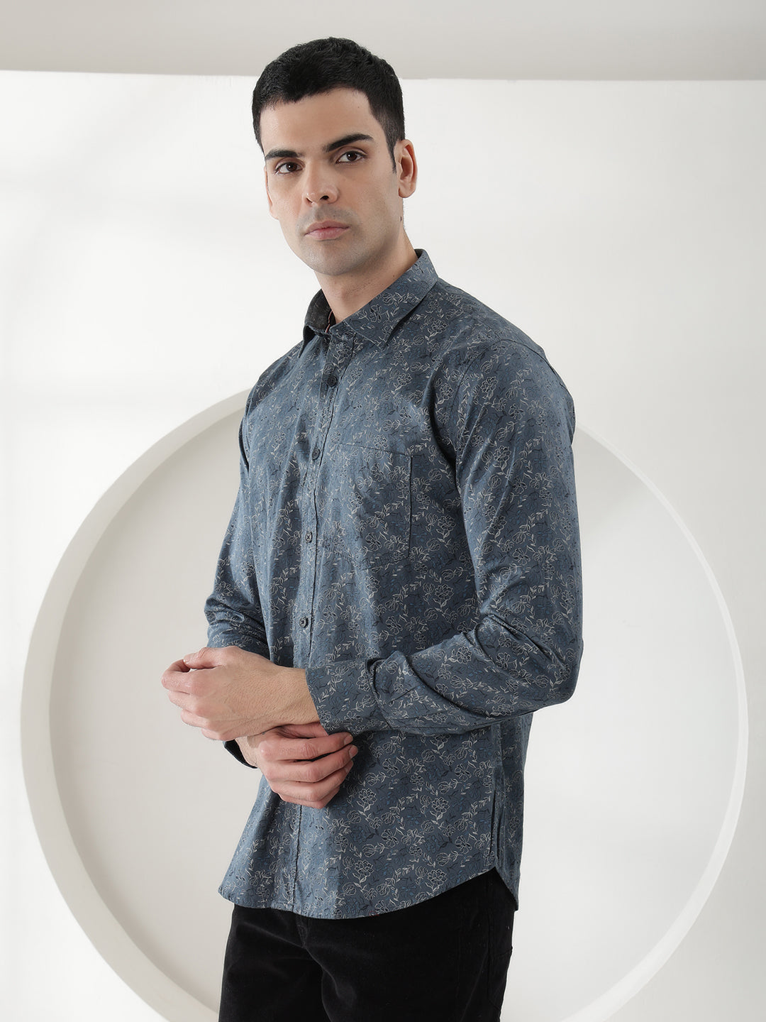 COBB LARGO TEAL BLUE PRINTED SLIM-FIT CASUAL SHIRT