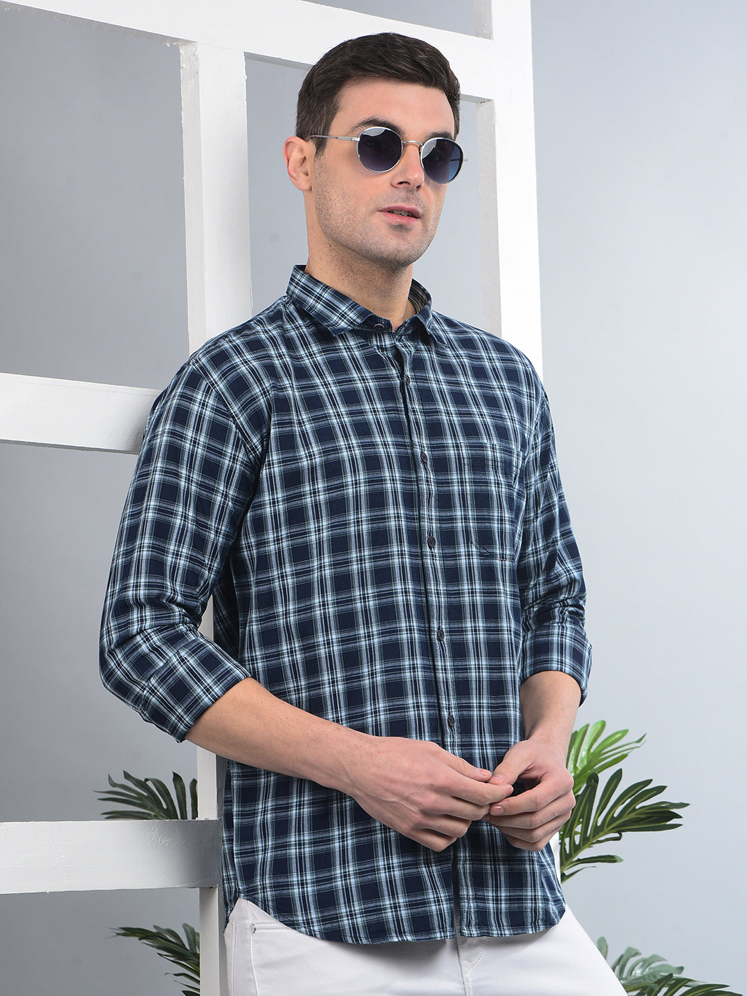 cobb navy blue checked slim-fit casual shirt