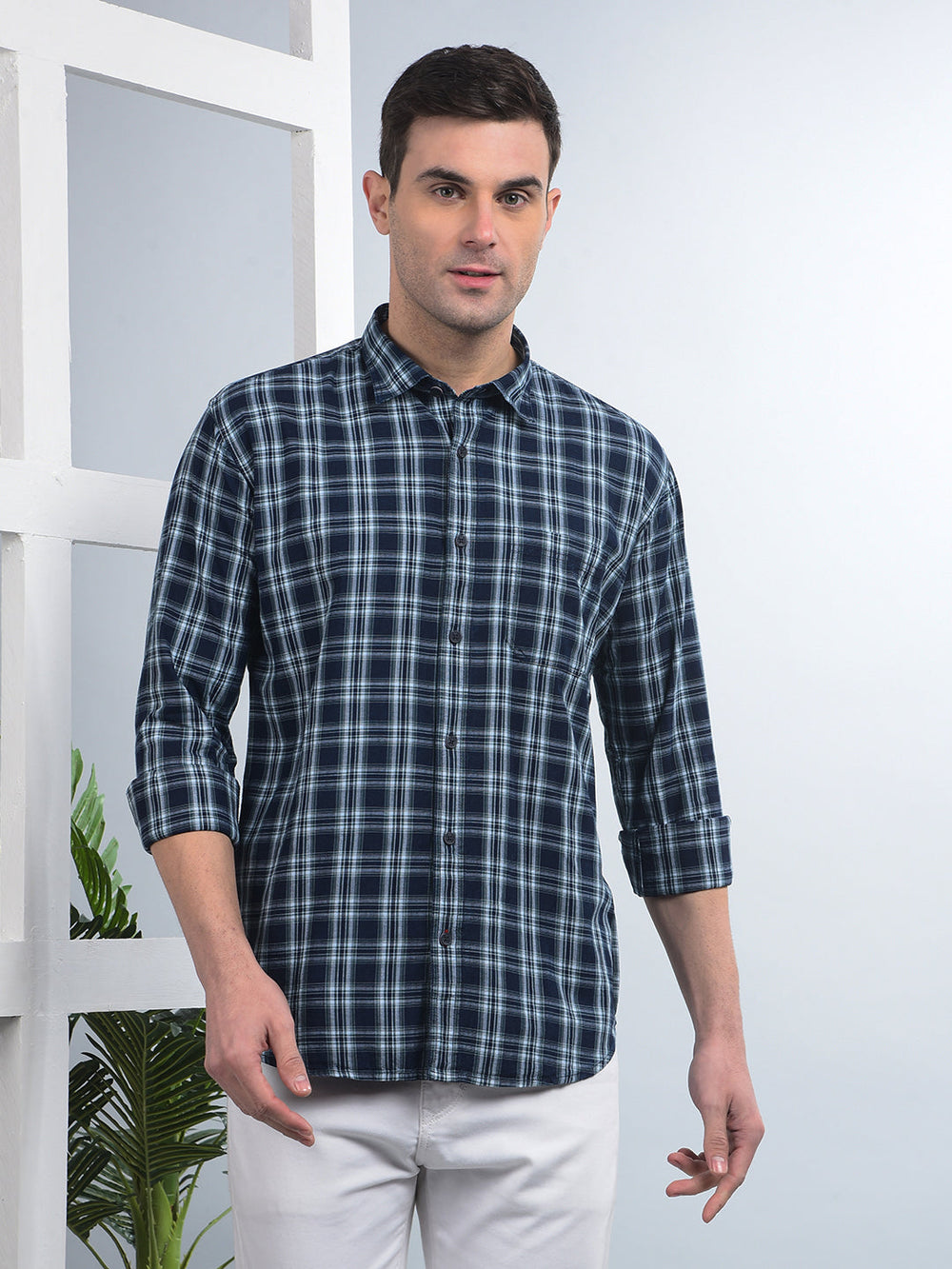 cobb navy blue checked slim-fit casual shirt