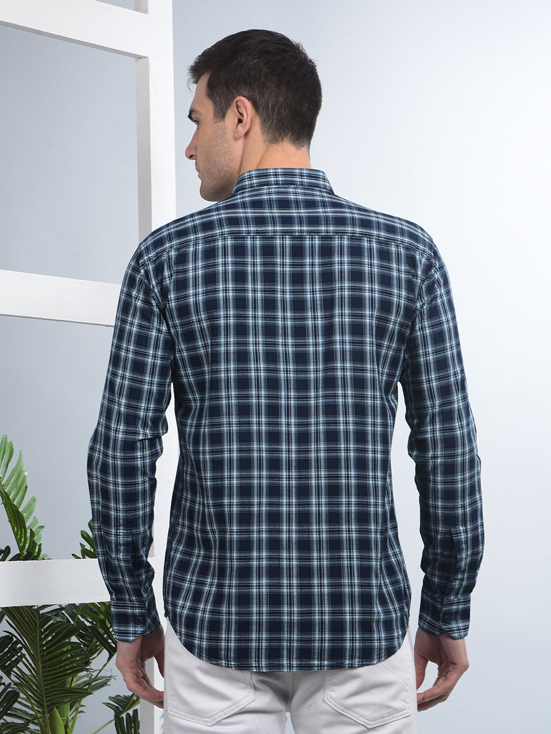 cobb navy blue checked slim-fit casual shirt