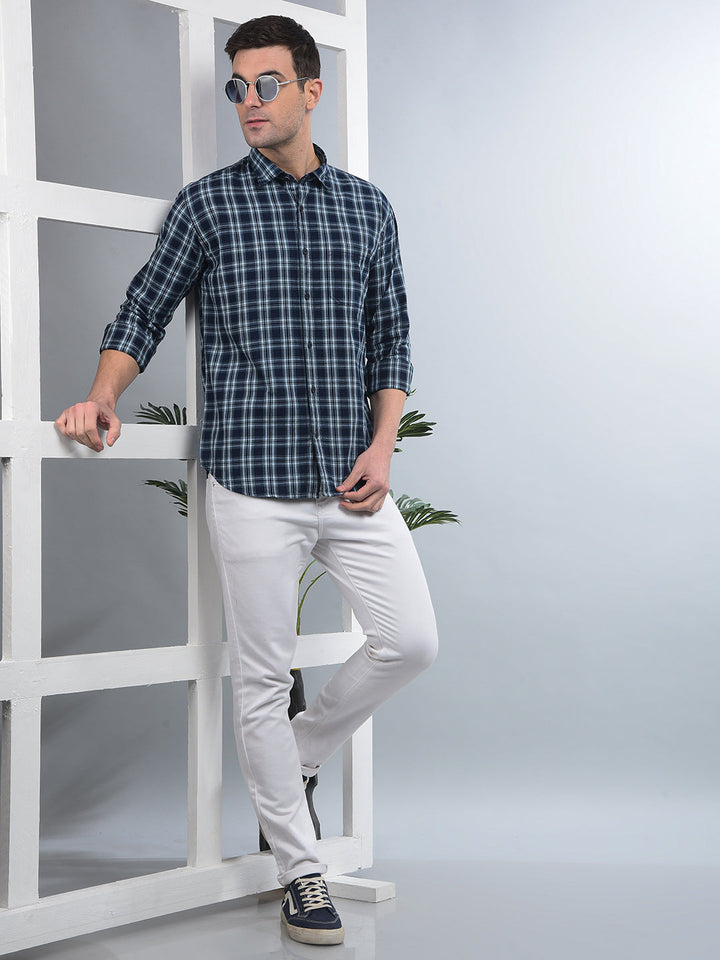 COBB NAVY BLUE CHECKED SLIM-FIT CASUAL SHIRT