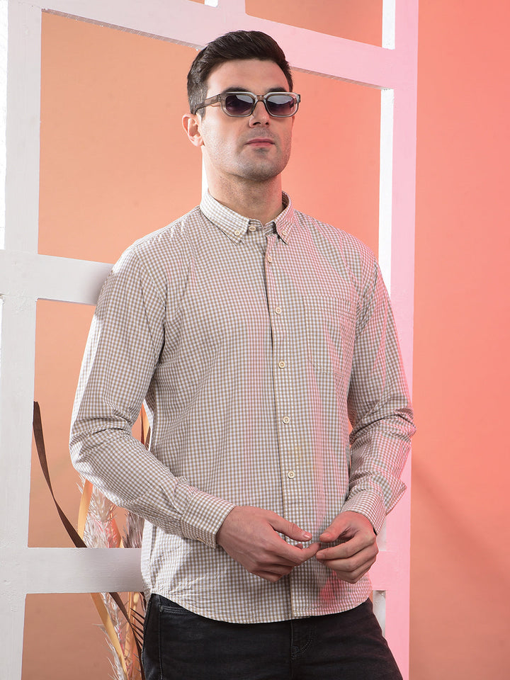 cobb beige checked slim-fit button down casual shirt