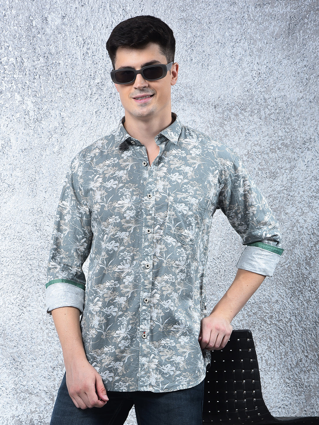 cobb light olive printed casual shirt
