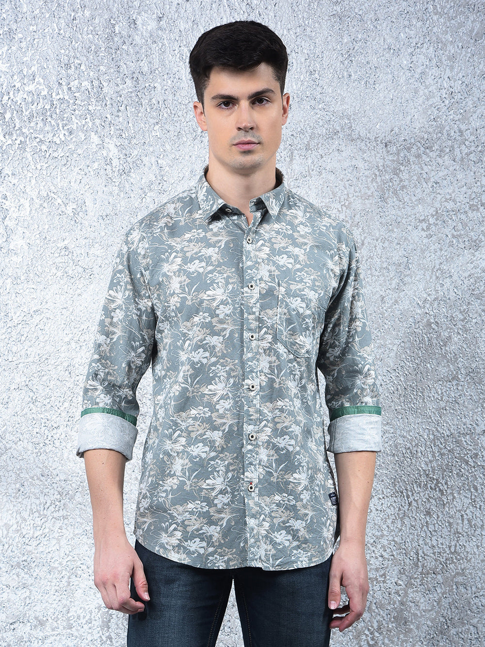 cobb light olive printed casual shirt