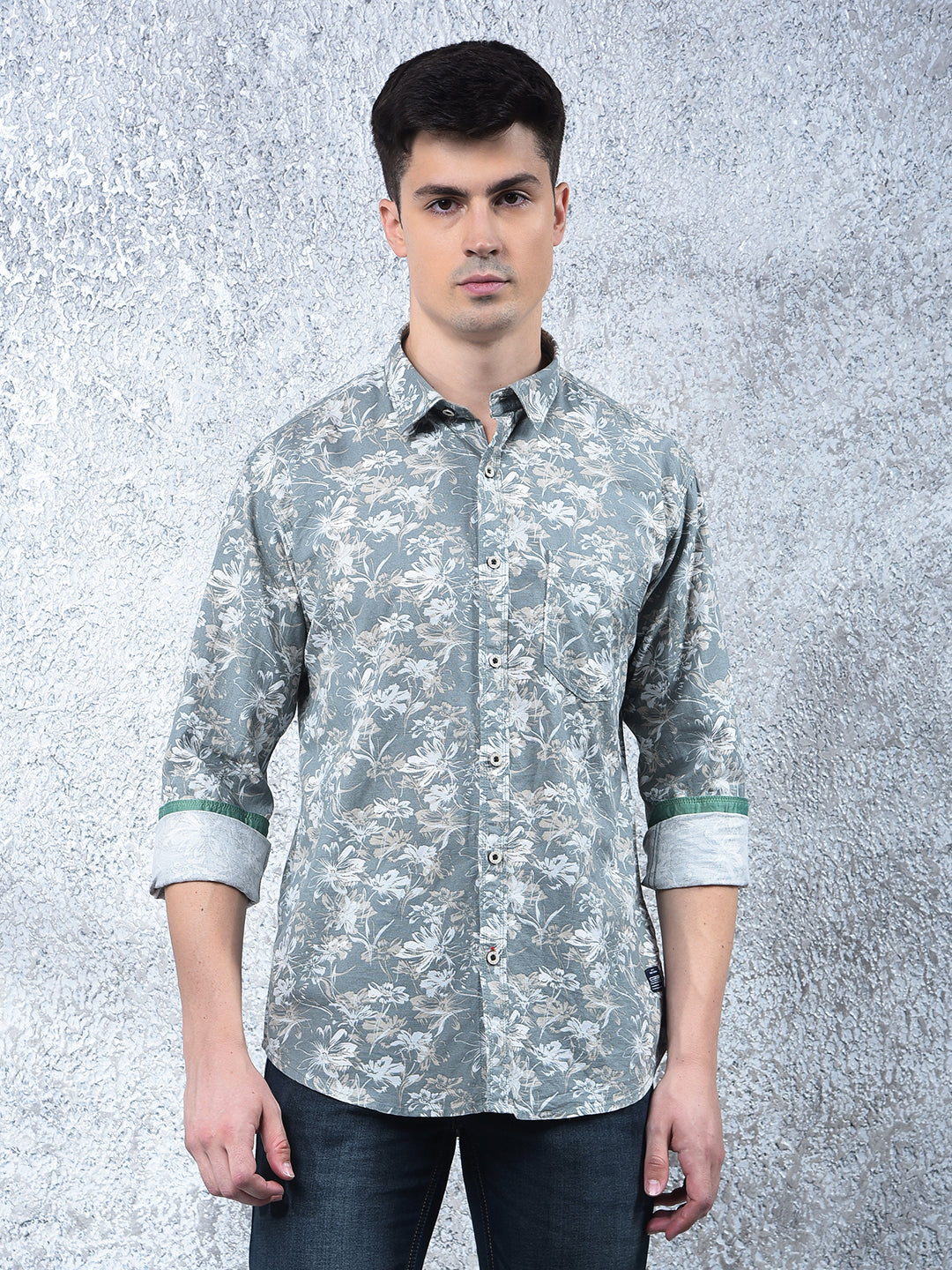 cobb light olive printed casual shirt