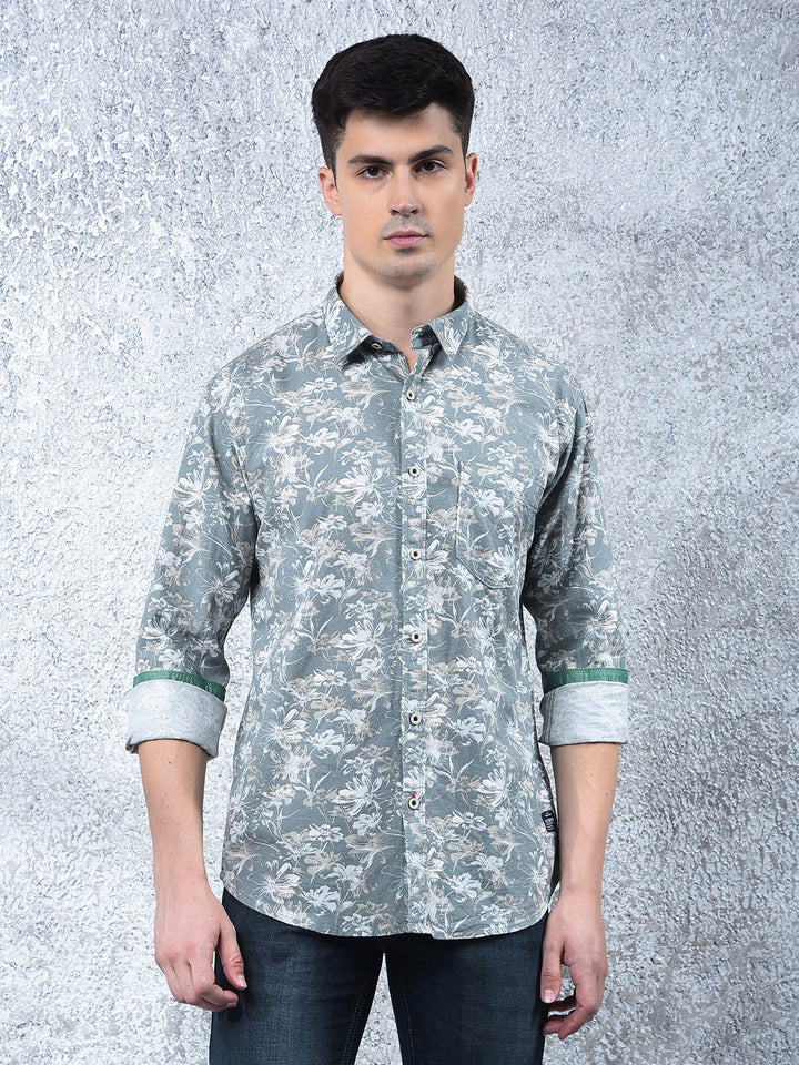 cobb light olive printed casual shirt