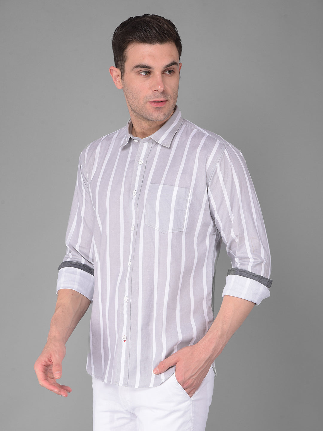 cobb light grey striped slim fit casual shirt
