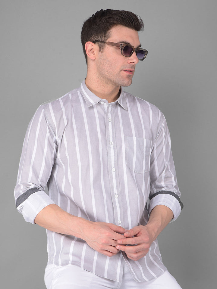 COBB LIGHT GREY STRIPED SLIM FIT CASUAL SHIRT