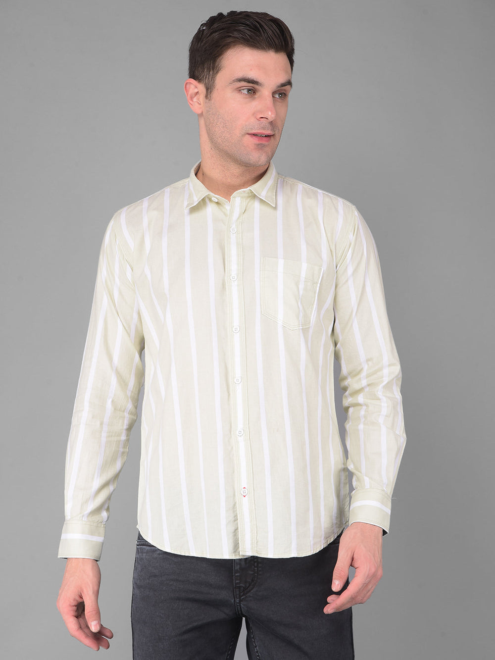 cobb pista green striped slim fit casual shirt