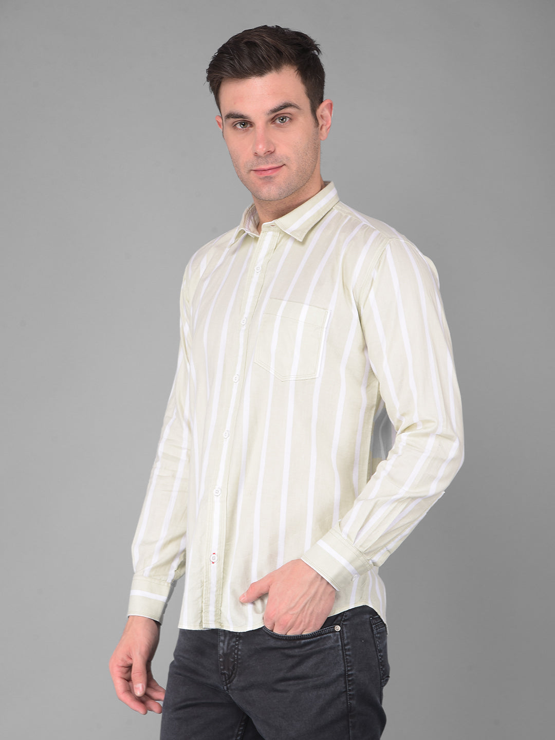 cobb pista green striped slim fit casual shirt