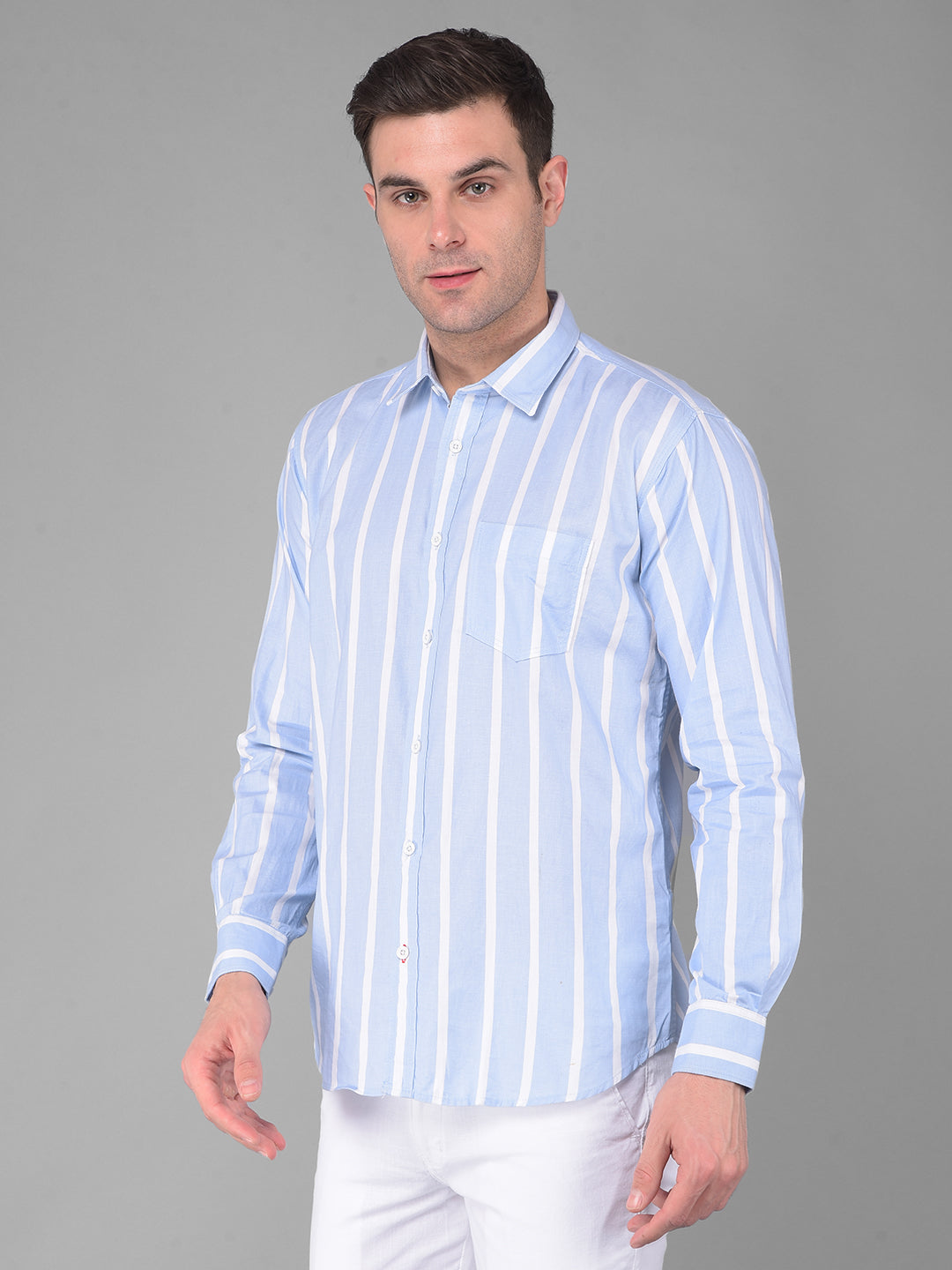 cobb sky blue striped slim fit casual shirt