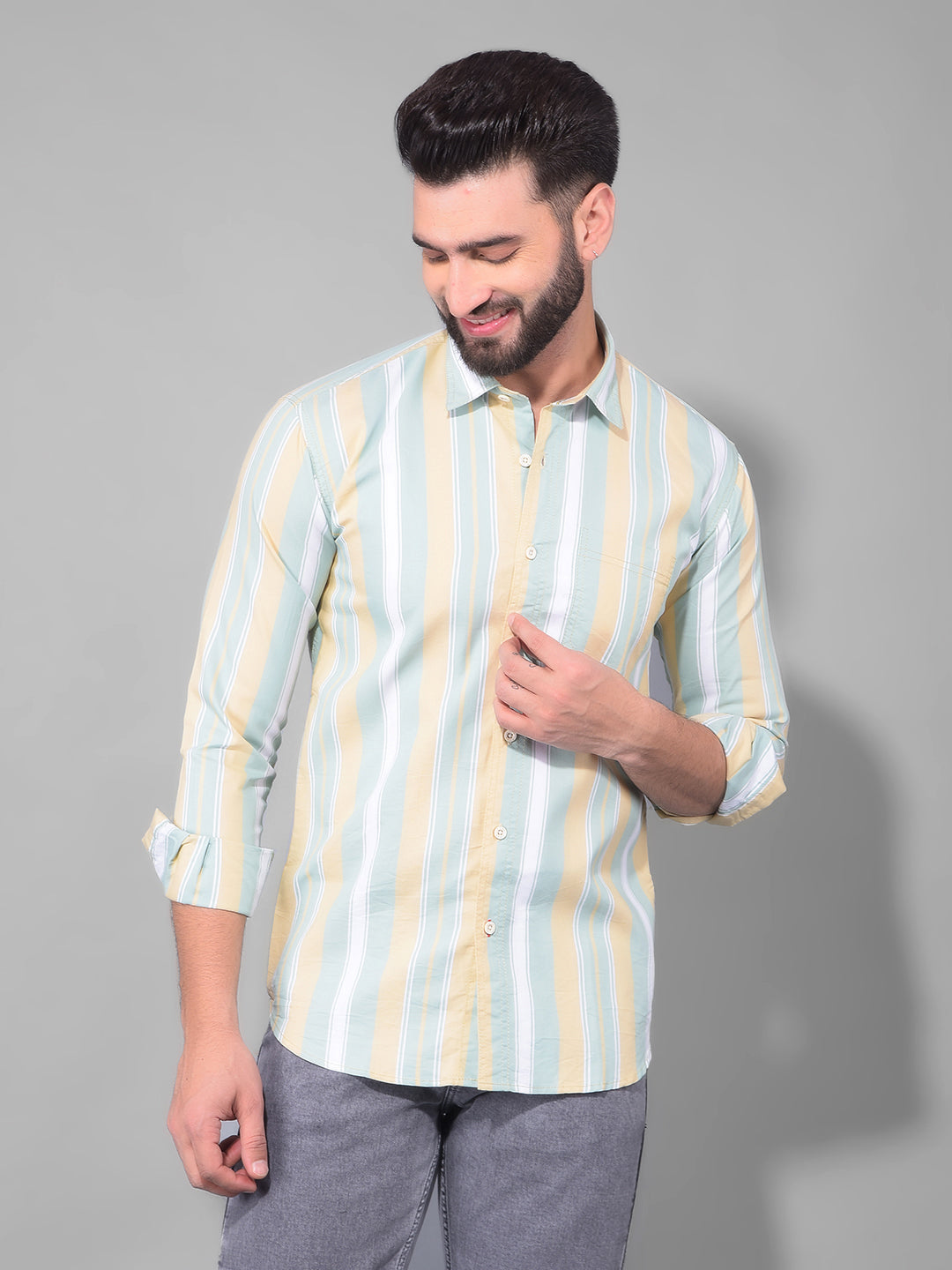 cobb pista khaki striped semi-slim fit casual shirt