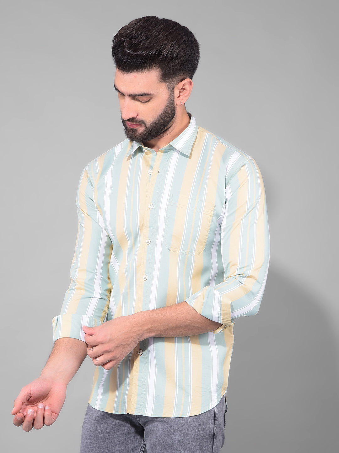 cobb pista khaki striped semi-slim fit casual shirt