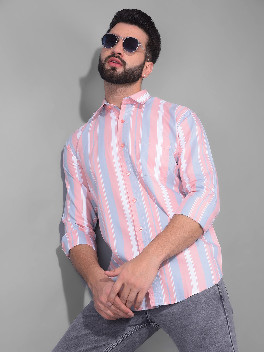 COBB PINK STRIPED SEMI-SLIM FIT CASUAL SHIRT