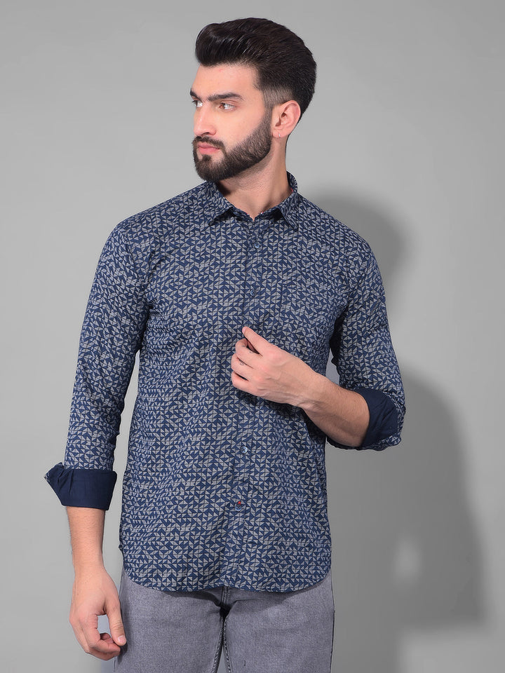 cobb navy blue printed slim fit casual shirt