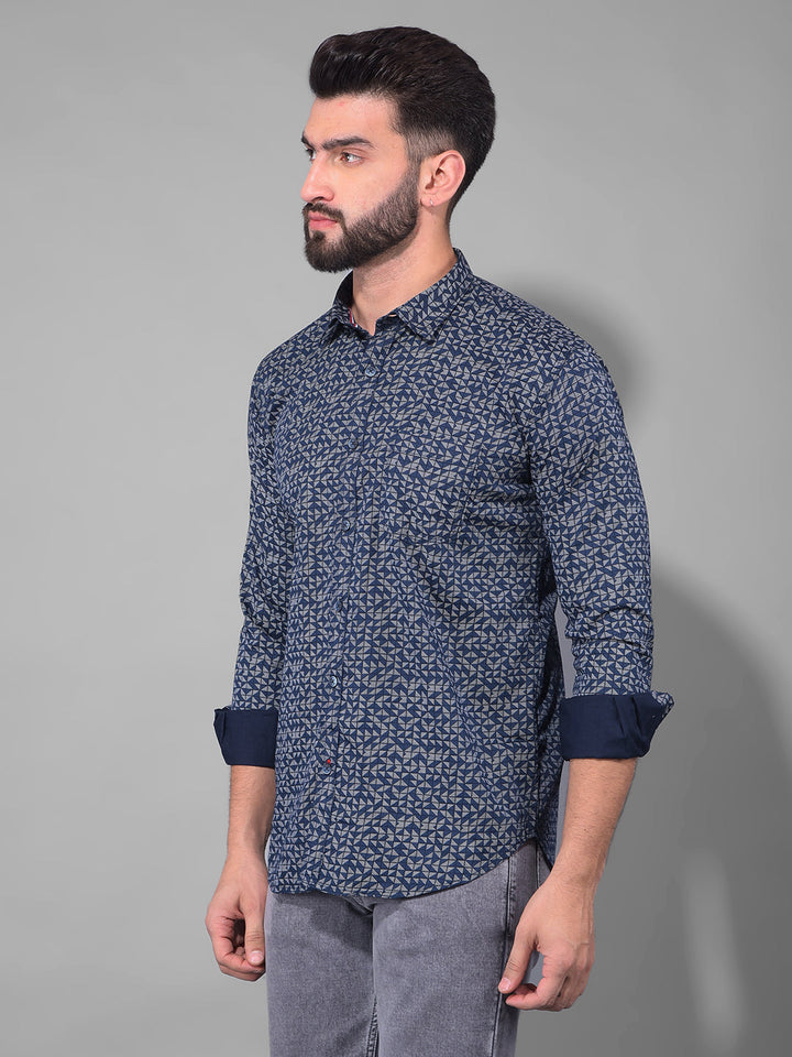 cobb navy blue printed slim fit casual shirt