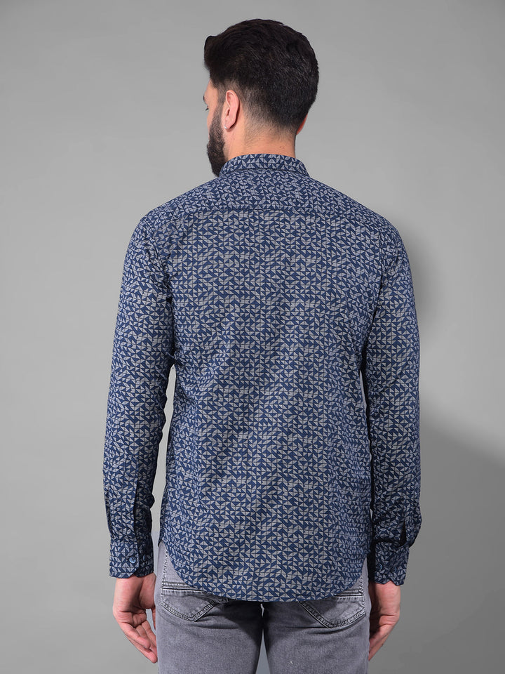 cobb navy blue printed slim fit casual shirt