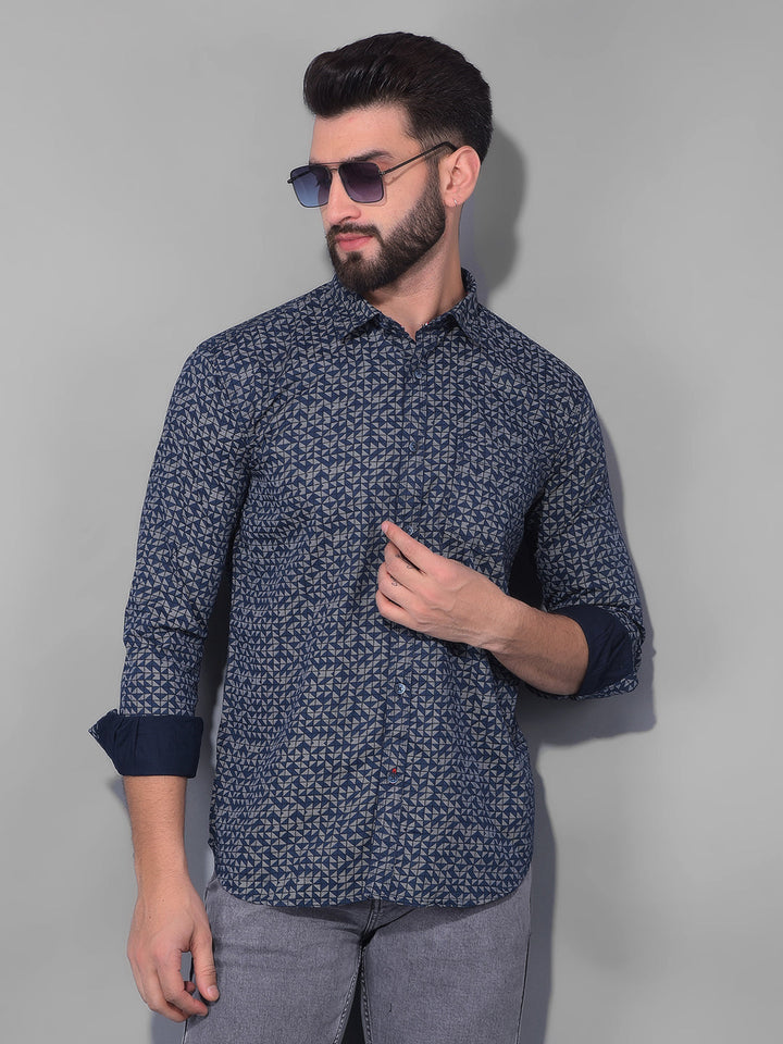 COBB NAVY BLUE PRINTED SLIM FIT CASUAL SHIRT