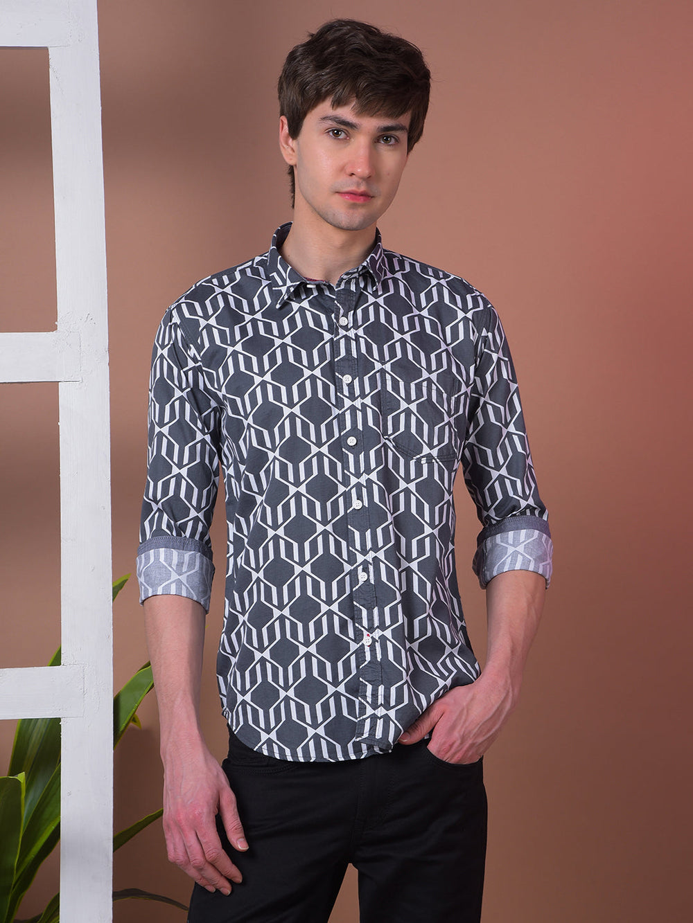 cobb grey printed slim-fit casual shirt