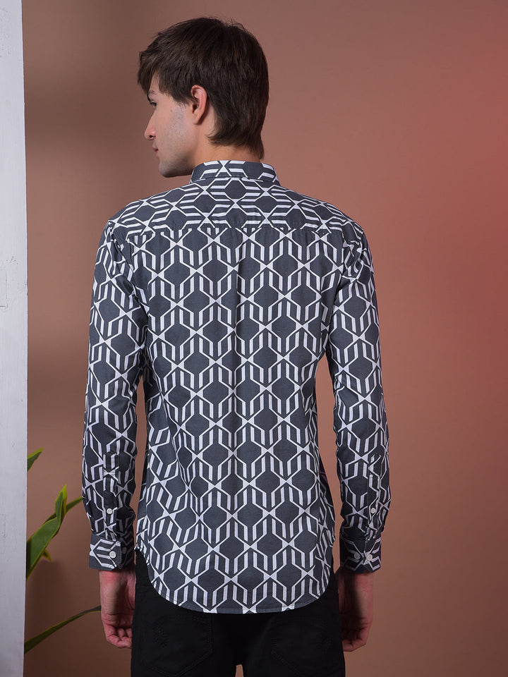 cobb grey printed slim-fit casual shirt