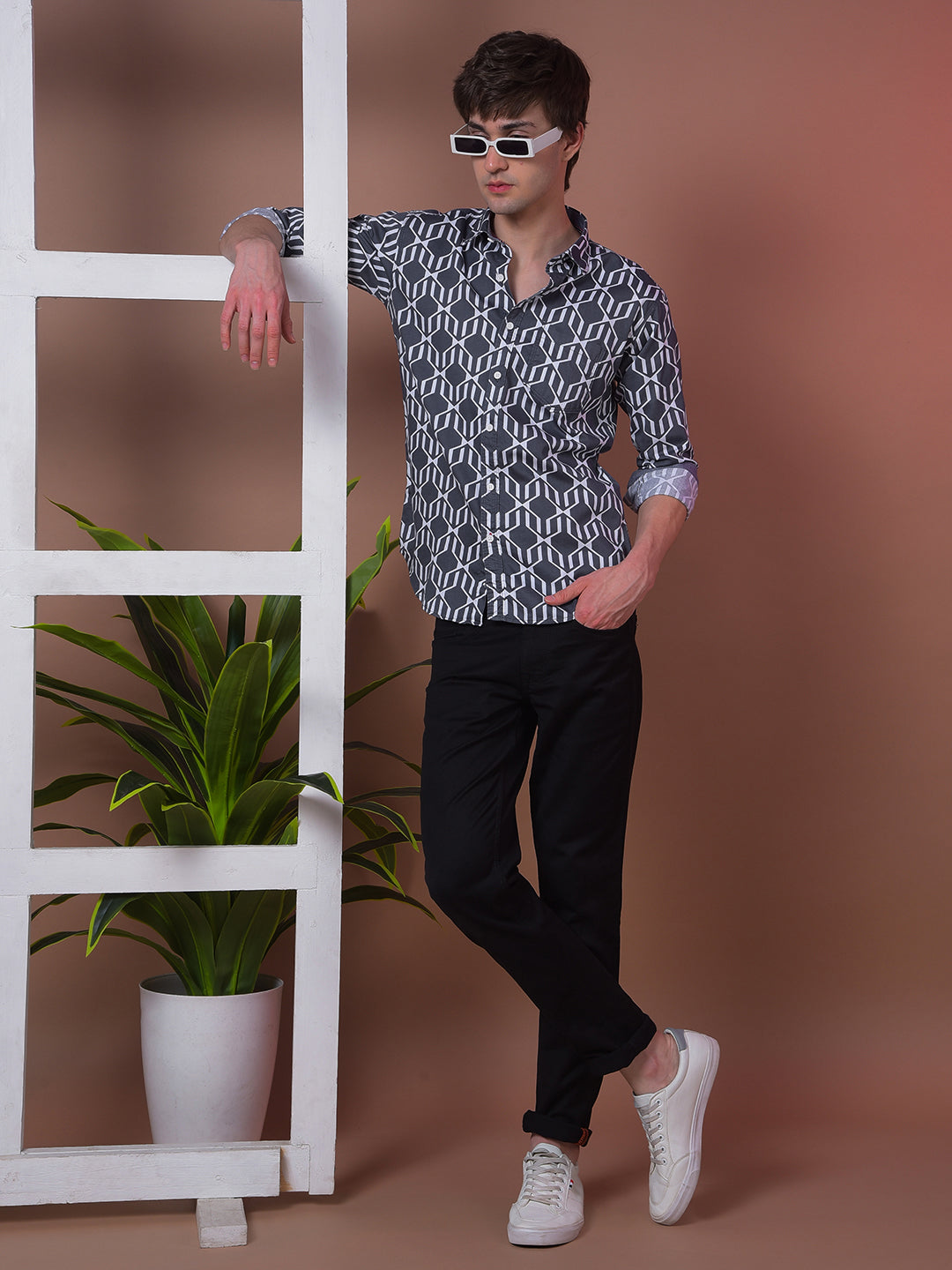 COBB GREY PRINTED SLIM-FIT CASUAL SHIRT