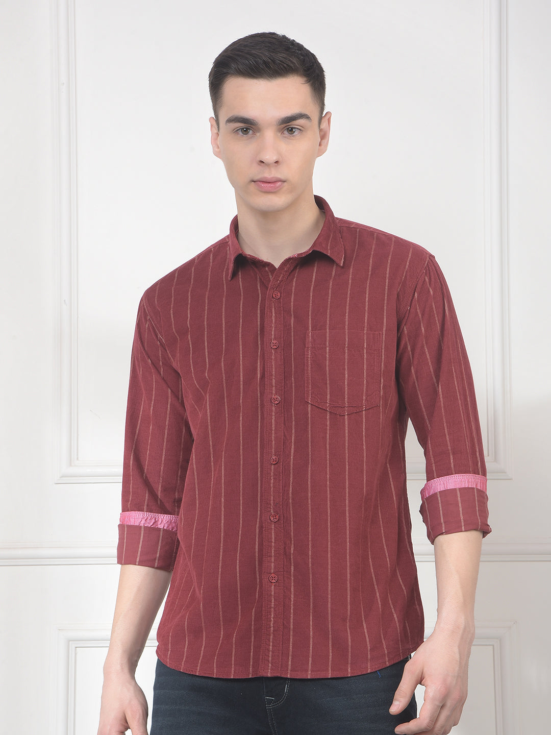 cobb rust striped slim-fit casual shirt