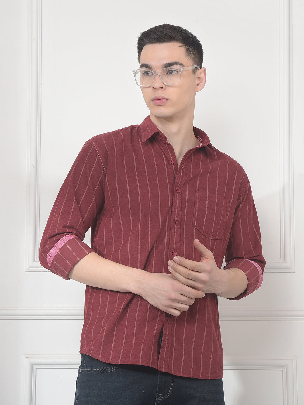 cobb rust striped slim-fit casual shirt