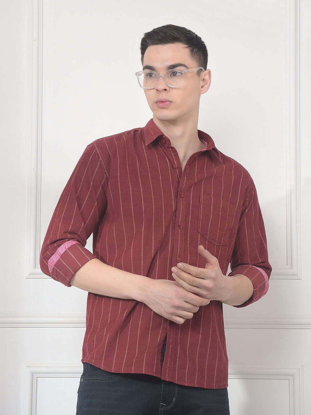 cobb rust striped slim-fit casual shirt