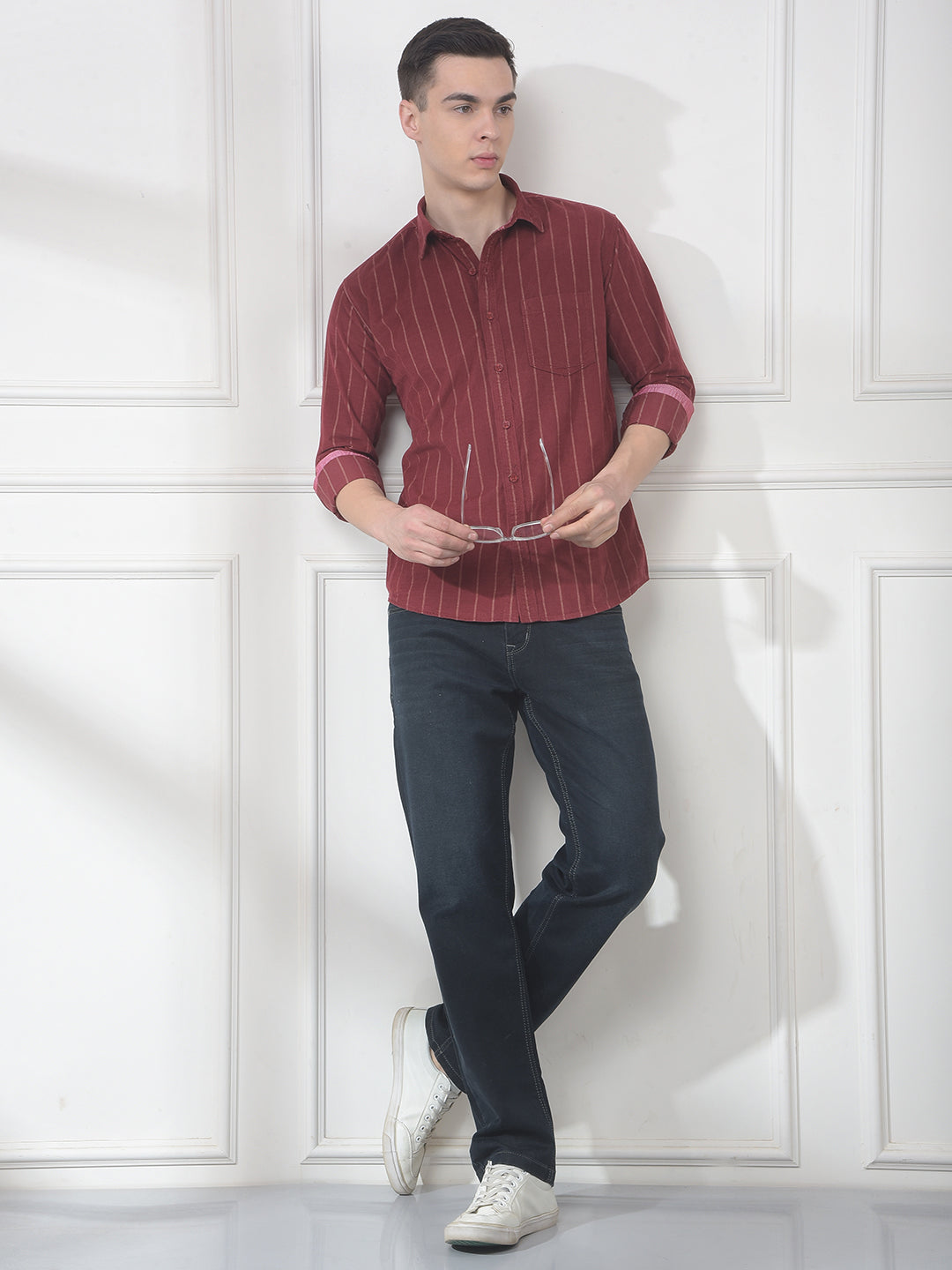 COBB RUST STRIPED SLIM-FIT CASUAL SHIRT