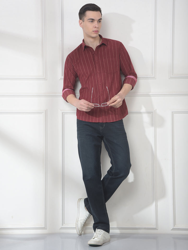 COBB RUST STRIPED SLIM-FIT CASUAL SHIRT