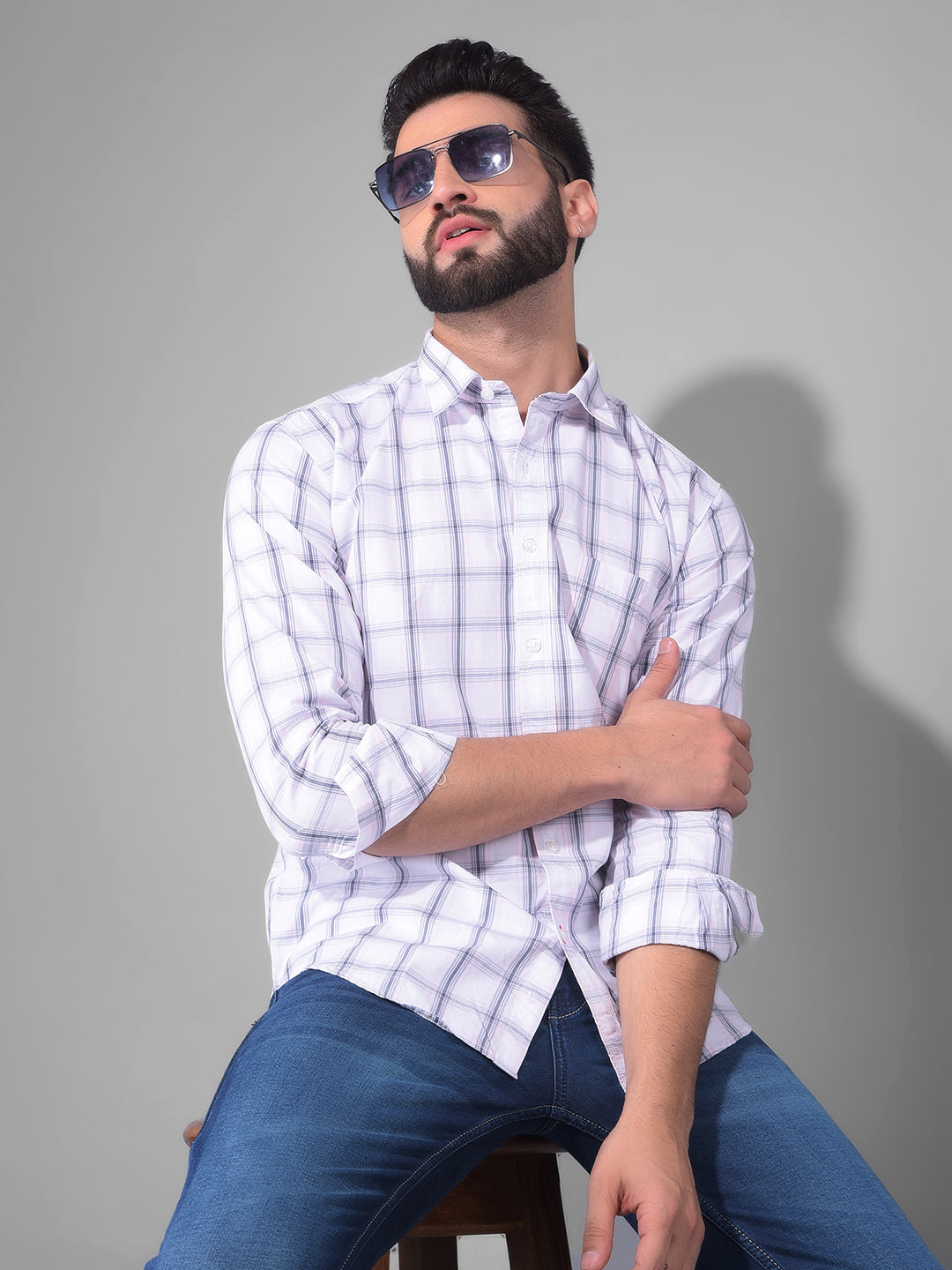 COBB WHITE CHARCOAL GREY CHECKED SLIM FIT CASUAL SHIRT