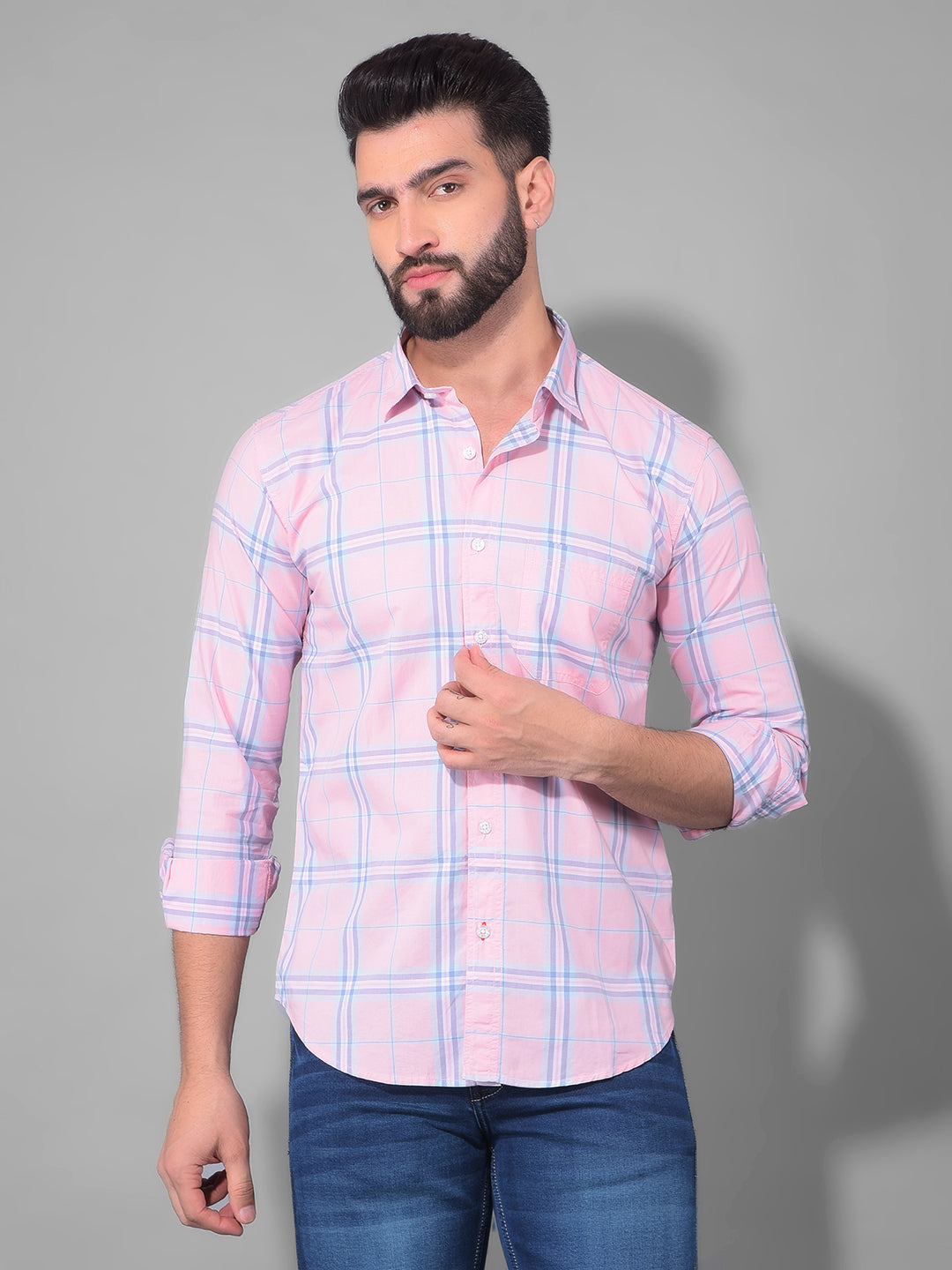 cobb pink checked slim fit casual shirt