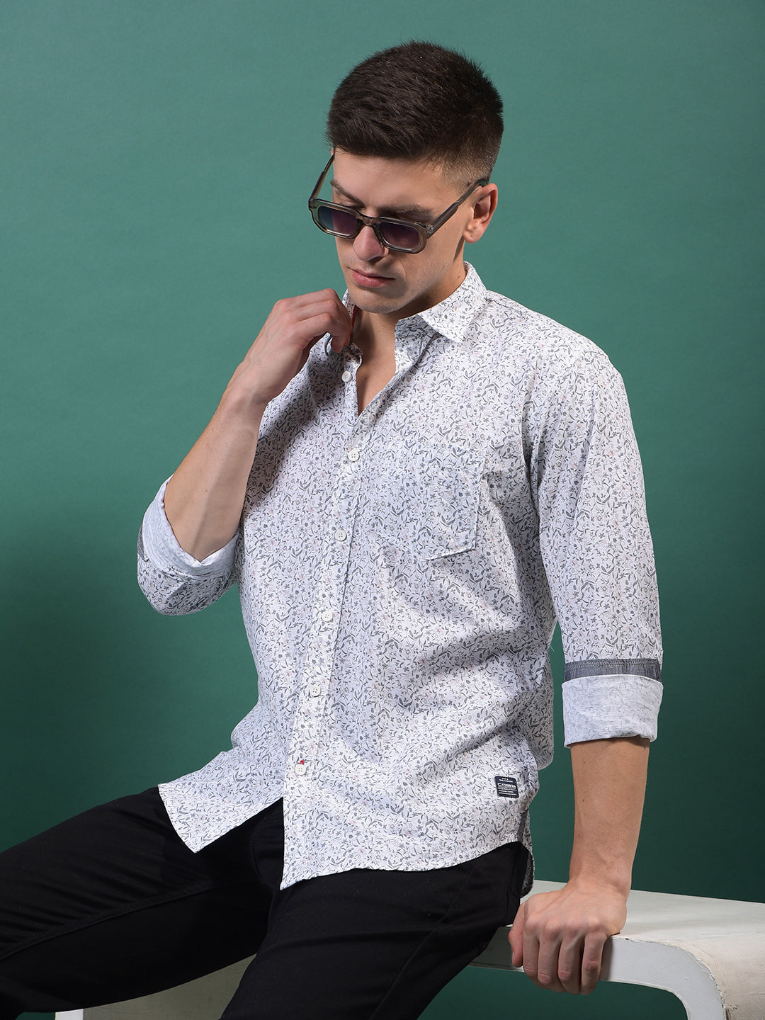 cobb grey printed slim-fit casual shirt