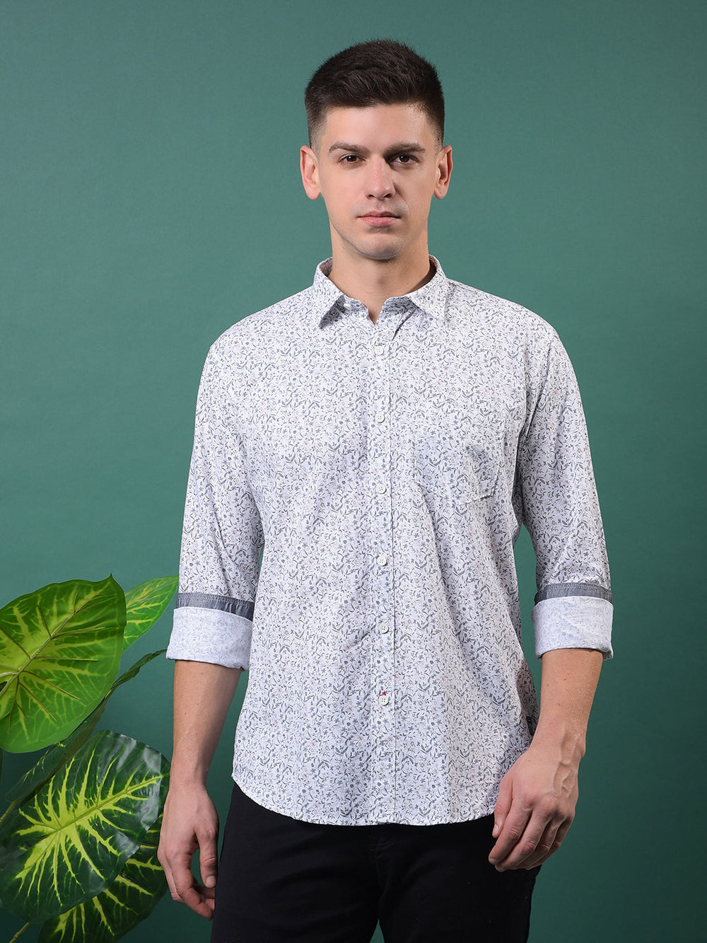 cobb grey printed slim-fit casual shirt