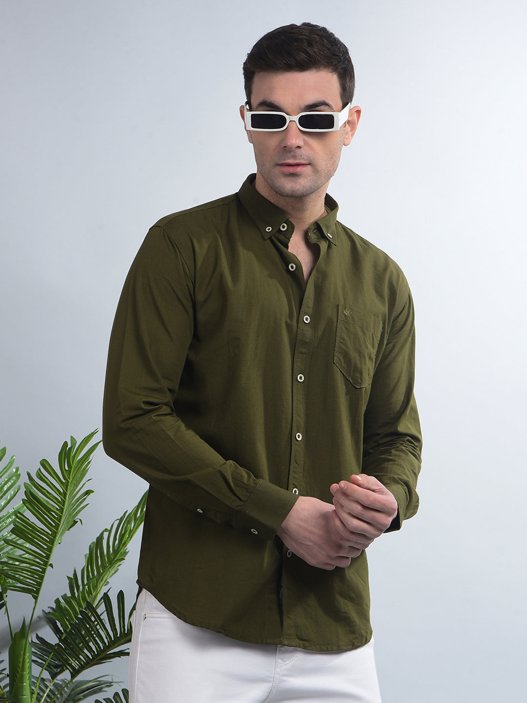 cobb solid olive slim-fit button down casual shirt